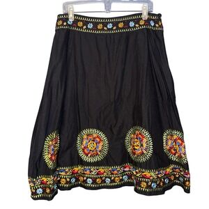 Vtg 90s Y2K NY Collection Skirt L Boho Black A line Embroidery USA Cotton Gypsy